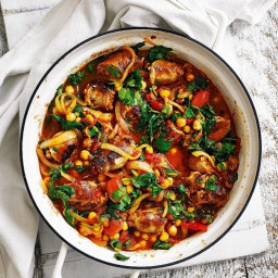 Quick sausage casserole with tomato and chickpeas