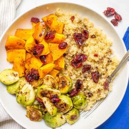 Quinoa bowl with butternut squash and Brussels sprouts