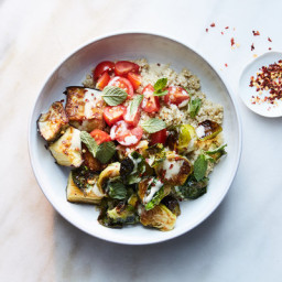 Quinoa Bowl With Crispy Brussels Sprouts, Eggplant and Tahini