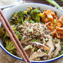 Quinoa Kimchi Bowl with Miso Mushrooms and Crispy Broccoli