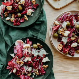Radicchio Salad with Green Olives, Blue Cheese, and Candied Walnuts