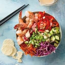 Rainbow poke bowls with spicy sesame drizzle
