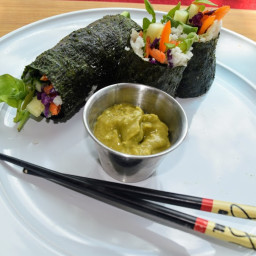 Rainbow Veggie Roll with Avocado Wasabi Dipping Sauce