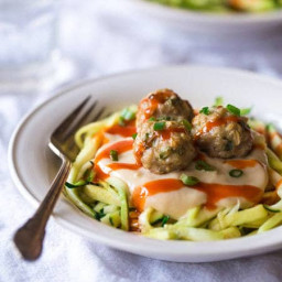 Ranch Buffalo Chicken Meatballs with Zucchini Noodles and Cauliflower Alfre
