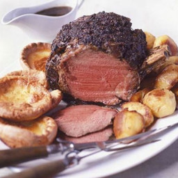 Rare beef with mustard Yorkshires