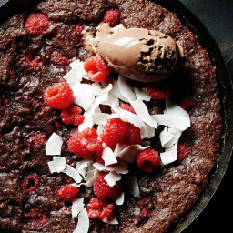 Raspberry and coconut skillet brownie