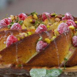 Raspberry and Rhubarb Drizzle Cake with Custard