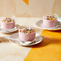 Raspberry and rosewater chia pudding with a pistachio crumble