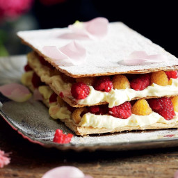 Raspberry mille-feuille with lemon curd cream and rose petals