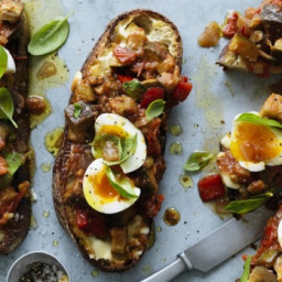 Ratatouille on toast with soft-boiled eggs