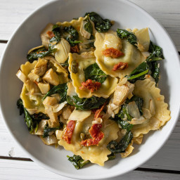 Ravioli with artichokes hearts, capers, sun-dried tomatoes, and spinach.