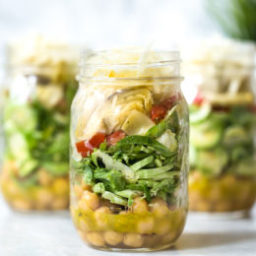 Raw Brussels Sprouts and Chick Pea Salad in a Jar with Artichokes, Sun Drie