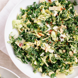 Raw Kale and Brussels Sprouts Salad with Tahini-Maple Dressing