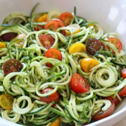 Raw Spiralized Zucchini Noodles with Tomatoes and Pesto