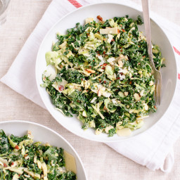 Raw Kale and Brussels Sprouts Salad with Tahini-Maple Dressing