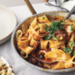 Recipe: Pappardelle with rose harissa, black olives and capers