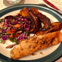 Red cabbage salad, roasted butternut snd salmon