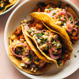 Red Chile Chicken Tacos with Creamy Corn