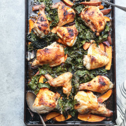 Red Curry Sheet Pan Chicken with Sweet Potatoes and Crispy Kale