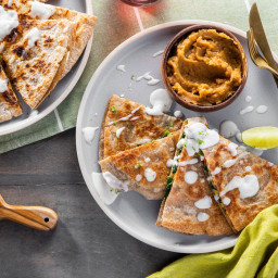 Red & Green Quesadillas with Refried Lentils & Lime Crema