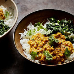 Red lentil dhal with garlicky spinach and basmati rice