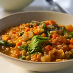 Red lentils, spinach and chorizo