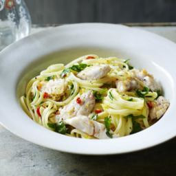 Red mullet with linguine tossed in chilli and garlic