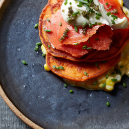 Red Pepper Blini with Creamed Corn and Smoked Salmon