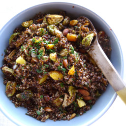 Red Quinoa Salad with Roasted Brussels Sprouts, Apricots and Almonds