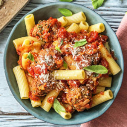 Red Sauce Rigatoni with Veggie-Packed Meatballs and Basil