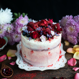 Red velvet layer cake with vanilla and strawberry frosting