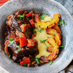 Red Wine Braised Short Ribs with Parmesan Polenta and Roasted Delicata Squa
