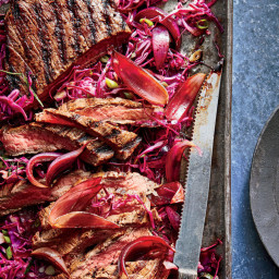 Red Wine-Marinated Steak with Balsamic Onions and Slaw