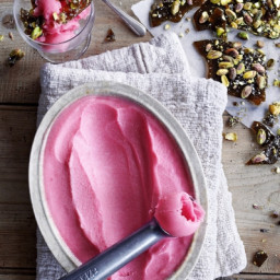 Rhubarb sorbet with pistachio brittle