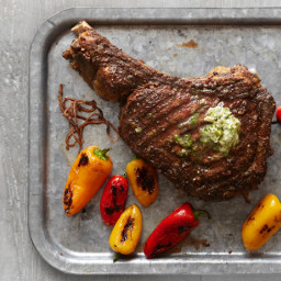 Rib-Eye Steak With Herb Butter and Charred Peppers