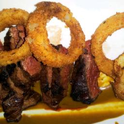 Rib-eye Steaks with Corn Meal-fried Onion Rings