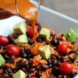 Rice, Black Bean and Avocado Bowl with Fat-Free Sweet Chili Mustard Sauce