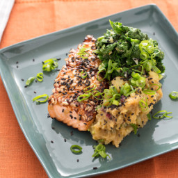 Rice Flake-Crusted Salmon with Miso-Smashed Japanese Sweet Potatoes and Mus