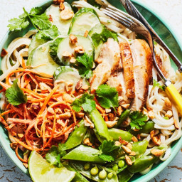 Rice Noodles with Peanut Sauce, Chicken, and Snap Peas