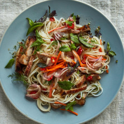 Rice Noodles With Seared Pork, Carrots and Herbs