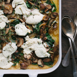 Ricotta Goat Cheese Polenta Bake with Mushrooms, Greens, and Caramelized On