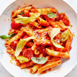 Risotto-Style Penne with Tomatoes and Zucchini Blossoms