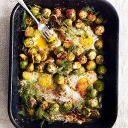 Roast brussels sprouts with caramelised onions and baked eggs