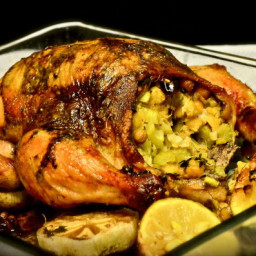 ROAST CHICKEN WITH CHICKPEA STUFFING AND BIG GREEN SALAD