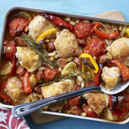 Roast chicken with chorizo, tomato and red peppers