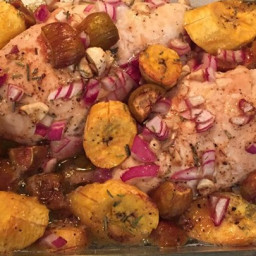 Roast Chicken with Fig, Plantain, and Red Onion