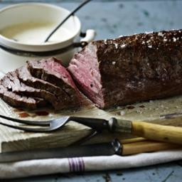 Roast fillet of beef with roasted garlic and mustard cream
