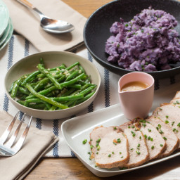 Roast Pork and Pan Saucewith Mashed Purple Potatoes and Sautéed Green Beans