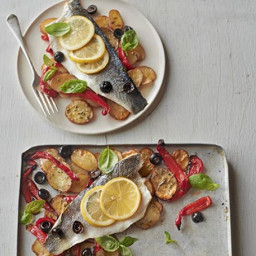 Roast sea bass and vegetable traybake