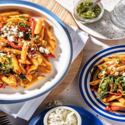 Roast Tomato & Pepper Penne with Olives, Feta and Green Pesto